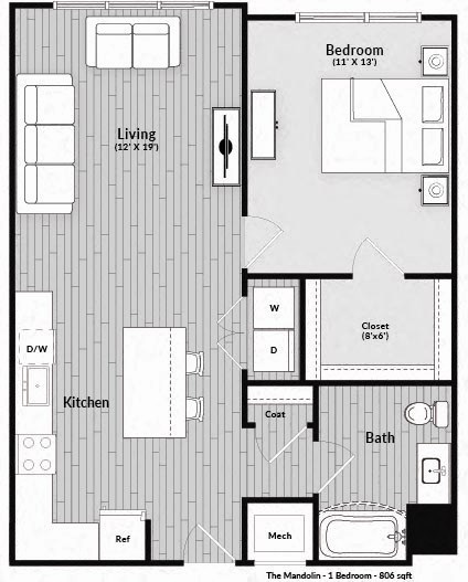 Floor plan for 1 bed, 1 bath, 806 sqft